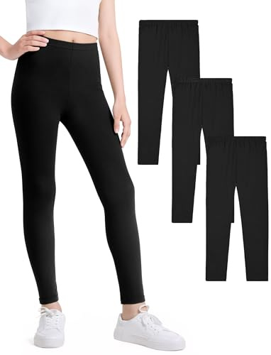 KEREDA Girls Black Leggings Kids Full Length Plain Cotton Stretchy Pants | 3 Packs High-Waisted Basic Plain Tights Trousers 6-14 Years for Daily Sport School Uniforms
