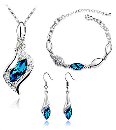 FDEETY Femme Parure de Bijoux Pendentif Collier Bracelet Crochet Boucles d'oreilles Pendantes avec Cristal Autrichien Cadeau pour Petite Amie épouse, Bleu