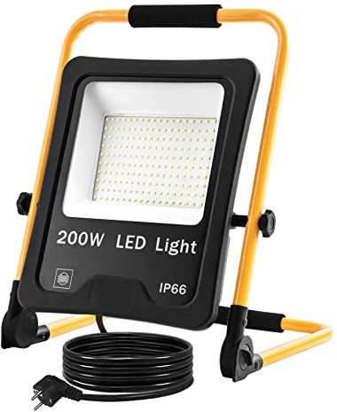 XMTECH LED Fluter Baustrahler Arbeitsleuchte 200W Kaltweiß - Inkl. 3M Kabel, Standgestell Und Tragegriff, Arbeitsscheinwerfer Flutlichtstrahler Für Innen-Und Außenbereich IP66 Wasserdicht