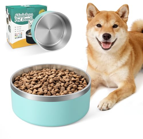 IKITCHEN Dog Bowl for Food and Water, 64 Oz Stainless Steel Pet Feeding Bowl, Durable Non-Skid Double Wall Insulated Heavy Duty with Rubber Bottom for Medium Large Dogs (64 Ounces/8 Cup, MintGreen)
