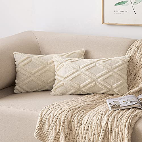 MIULEE 2er Set Kissenbezug 40×60cm Besticktes Quadratmuster Beige | Polyester Plüsch Weich Kuschelig Pflegeleicht Dekorativ für Sofa Wohnzimmer Schlafzimmer Gästezimmer Balkon und Terrasse