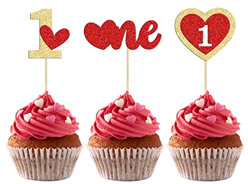 Gyufise 24Pcs Lover Day One Cupcake Toppers Gold Red Glitter Heart First Birthday Cake Topper Decorations for Valentine's Day Theme Wedding Engagement Bridal Shower Birthday Party Supplies