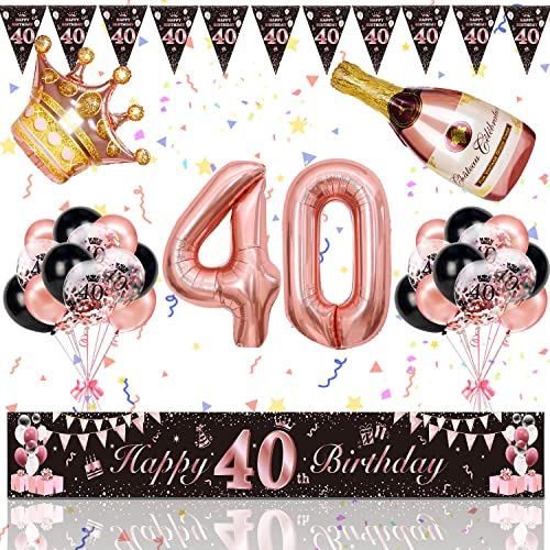 40. Geburtstag Frauen Deko, Magiccute Geburtstagsdeko Frauen Lange Happy Birthday Banner Girlande Wimpel und Schwarz Rosegold Konfetti Luftballons Deko Set
