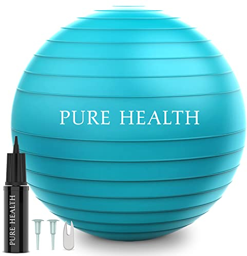 Pure Health Exercise Fitness Swiss Yoga Ball - Anti Burst Extra thick with Hand Pump for Home Gym -Birthing Ball for Yoga, Pilates, Fitness, Pregnancy & Labour (S (48-55 cm), Teal)