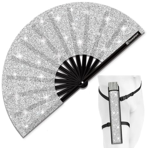 Raveahem Glitzernder großer Rave-Handfächer mit Holster für Männer/Frauen, Handventilator für EDM, Festival, Club, Party, Tanz, silber, 33cm Closed | 63cm Open (13 Closed | 24.5 Open)