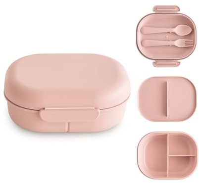 mushie Kids Bento Lunch Box | 3-Compartment & Removable Divider + Fork & Spoon Utensils | Great For Meals, School, Snacks On-the-Go | Dishwasher Safe (Blush)