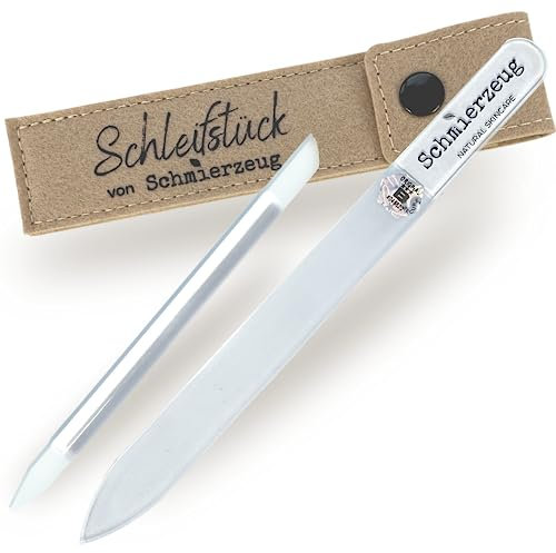 SCHMIERZEUG Glas-Nagelfeile, Glas-Manikürestab & Filz-Etui für extra schonend, perfekt gefeilte Nägel in allen Ecken. EU Qualitätsglas für brilliante Nagelpflege