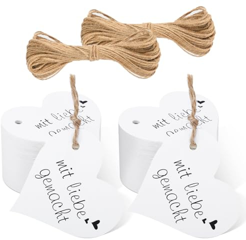jijAcraft 100 Stück Herz Geschenkanhänger Mit Liebe Gemacht, 6 CM Hochzeit Anhänger Weiß Kraftpapier Etiketten mit 20M Juteschnur, für Valentinstag Weihnachten Geschenkverpackung