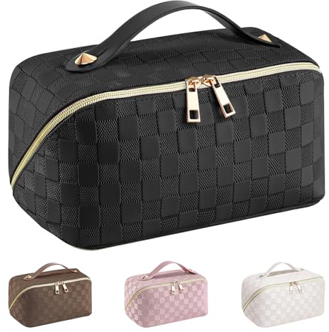 Kosmetiktasche Reise Damen,Make Up Tasche mit Groß Kapazität,PU Leder Portable Schminktasche Kulturtasche Organizer,Beauty Case für Reisezubehör Travel Essentials Women(Kariert-Schwarz)
