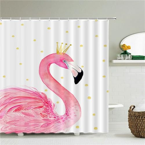 Guofuos Duschvorhang Rosa Flamingo 200x170cm Duschvorhäng Anti Schimmel,Wasserabweisend Stoff Duschrollo Waschbar,3D Draussen Bad Vorhang Schnell Trocknend,Badewanne Badezimmer Decor Vorhänge