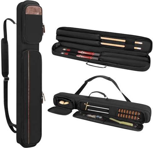 Rexmica 2x2 Pool Cue Case Holds 2 Butts and 2 Shafts, Billiard Pool Cue Stick Carrying Case Bag with Handle and Detachable Shoulder Strap, Soft Padded Pool Cue Bag with Front Accessory Pocket, Black