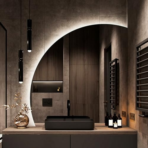 3 Farben Wechselnde LED Beleuchtete Spiegel,Mode Halbrunde Badezimmer Spiegel,50CM|60CM|70CM|80CM Wandspiegel,Kosmetikspiegel Mit Touch Switch, Für Badezimmer, Schlafz(Size:70cm,Color:Rechter Schnitt)