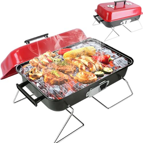 iMounTEK Portable Charcoal Grill Outdoor Tabletop Grill Small Barbecue Smoker Folding BBQ Grill with Lid for Backyard Camping Picnics Beach for Outdoor Cooking Camping Picnics Garden Grilling/Red