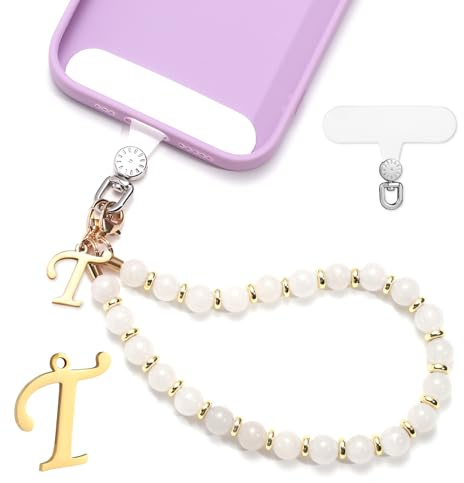 1 Set Telefonarmband med Pärlor, Brev Telefon Charm Löstagbar Mobiltelefon Snodd Rem med Phone Tether Tab Handsfree Pärlor Mobilarmband Armband för Kvinnor Flickor Present (Bokstav T)