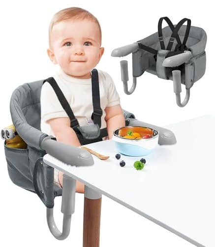 HOUSN Tischsitz Babystuhl Sitzerhöhung, Sitzhilfe für Kinder, Tragbarer Hochstuhl Kinder Reisestuhl für zu Hause und Unterwegs, Boostersitz mit Rutschfest Klemmen,Grau