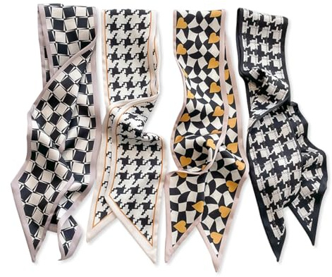 LumiSyne 4 Stück Skinny Seidenschal Damen Mädchen Schmale Lange Halstuch Klassischer Karierter Polka Dots Muster Retro Französischen Stil Leicht Satin Schal Haarschal Kopfschmuck Griff Wrap Ribbon