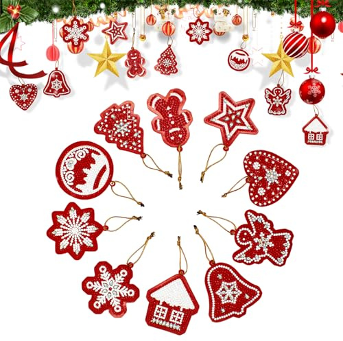 Ellxen Diamond Painting Set Weihnachten - 10 Stück DIY Weihnachtsbaumanhänger zum Basteln, Inkl. Zubehör, Funkelnde Christbaumkugeln als Deko oder Geschenk zum Selbermachen