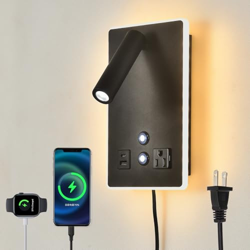 CNMYKYDS Dimmable Plug in Wall Sconce with Touch Switch,Headboard Bedside Wall Lamp,Multifunction Wall Light with USB C+A Ports,Adjustable Wall Mounted Reading Light,3 Color Temperature(Black)
