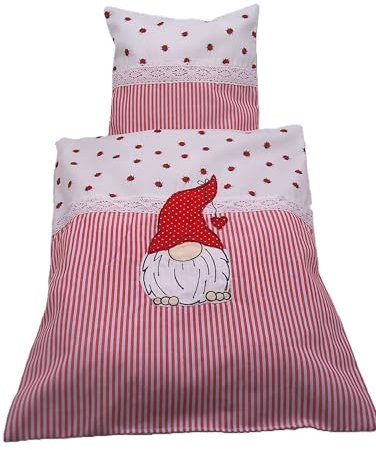 Puppenbettwäsche Gnomeline rot weiß mit Stickerei, Decke 40 h x 33 b, Kissen 23h x 23 b in cm, für Puppenwagen- bett oder Tragekorb