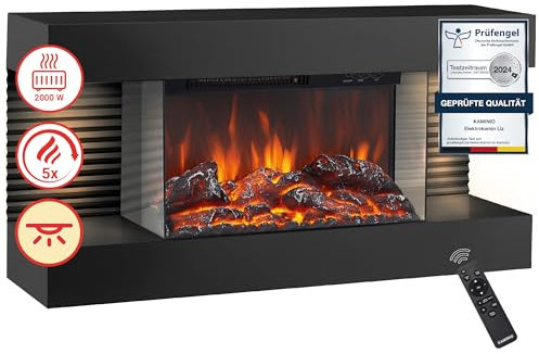 KAMINIO Camino elettrico LIZ - Caminetto elettrico da parete con riscaldamento, effetto fiamma 3D, luce ambiente a LED, telecomando (Nero)
