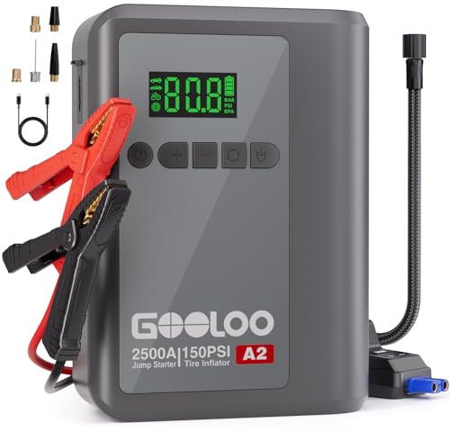 GOOLOO A2 8 en 1 Aide au démarrage avec compresseur d'air, démarreur de Voiture 2500 A (Essence 8 L / 6 L Diesel), gonfleur de Bande d'arrêt Automatique sans Fil 150 psi, Batterie de démarrage au