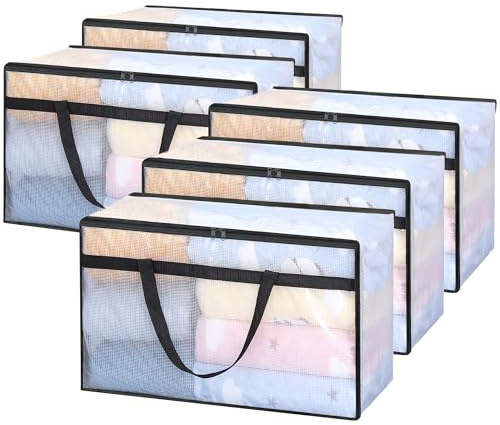 Vieshful Set di 5 Borse Trasparenti da 60L con Cerniera e Manici – Contenitori in Plastica per Vestiti, Coperte, Trapunte, Piumoni, Abiti Bambino, Biancheria e Articoli per il Trasloco