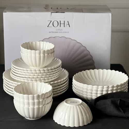 Zoha Porzellan Tellerset 6 Personen, 24-teiliges Teller Set, Kombiservice modern, Essgeschirr spülmaschinenfest & mikrowellenfest, Dish Set mit modernem Design, Tafelservice - Essservice