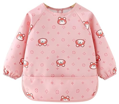 Lätzchen mit Ärmeln Baby,Wasserdicht Langarm mit Auffangschale,Weiches PU-Material für Babys 0-24 Monate, Fütterlätzchen für Sauberkeit beim Essen, Hautfreundlich und Leicht zu Reinigen (Rosa-Bärchen)