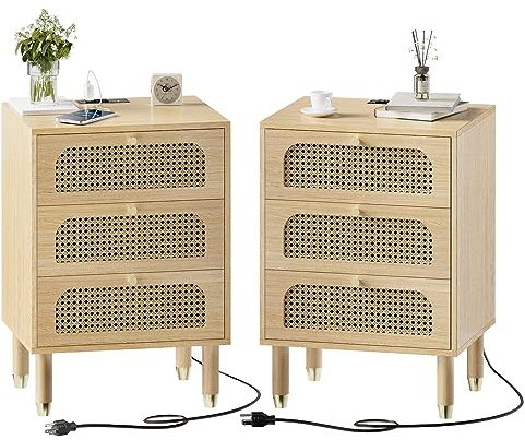 LEADZM Table de Chevet en Rotin Lot de 2 avec Multiprise Tables d'appoint,Meuble de Nuit, Commode de Nuit avec 2 Prises CA, 2 Ports USB, pour Salon, Chambre, 40 x 35 x 60,5 cm (2, Chêne)