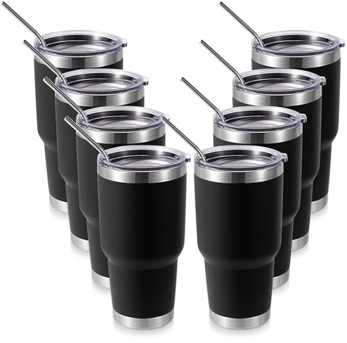 Volhoply 900 ml 305 ml isolerad glas med lock och sugrör, dubbelvägg inre och yttre 304 rostfritt stål tumlare bulk, pulverlackerad kaffekopp för kontor, hem, resor (svart, 8-pack)