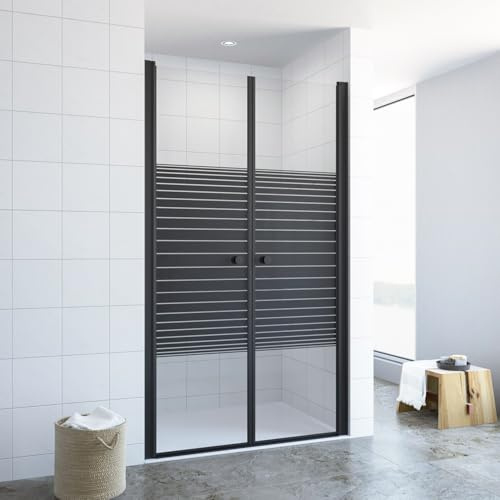 Duschtür 80 cm breit Pendeltür Dusche Nischentür Bad schwarz matt industrial Duschwand Glas mit Tür 6 mm ESG Sicherheitsglas klar mit Querstreifen-Dekor NANO Beschichtung