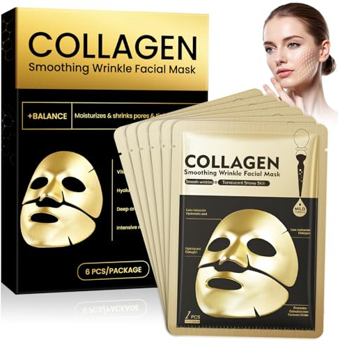 6 pcs Collagen Face Mask,Daily Care face Sheet mask,Hydrating Faces Beauty Care Masks,Skincare Hydrating&Nourishing masks,for Soothe,Repair,Hydration,Suitable For All Skin Types