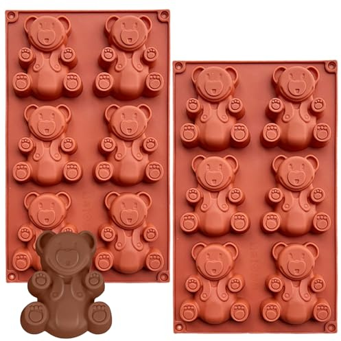 YXHZVON 2 Piezas Molde de Silicona Osito 6 Cavidades Rojo, Molde para Chocolate Antiadherente para Golosinas, Galletas, Jabones - Lavable, Reutilizable