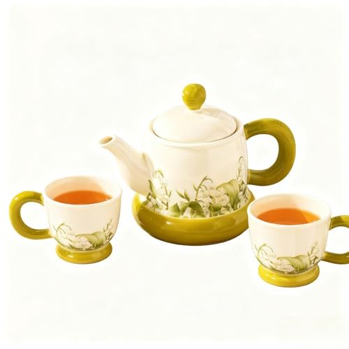 Service à Thé en Porcelaine, Théière et Tasses avec Motifs Floraux, Blanc et Vert Olive, Set Traditionnel avec Plateau en Bois