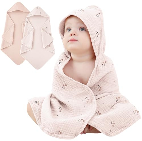 Susurration Baby Handtuch Kapuze für Badezimmer,4-Lagiges Kapuzenhandtuch Baby 2er-Pack, Musselin Baumwolle Baby Handtuch Kapuze, Weiche und Saugfähige Babyhandtuch mit Kapuze (Orangenblüte)
