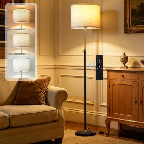 Floor Lamp for Living Room - Black Gold Tall Standing Lamps for Bedroom | 55-67 Height Adjustable - Stepless Dimmable Color Temperature Standard Lights with Shade and Remote Control - Bulb Included