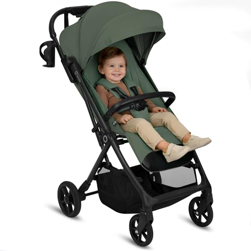 Lionelo Tansi Sittvagn till 22 kg (6 mån–4 år) – Kompakt Resebarnvagn med Plant Liggläge, Automatisk Enhandsfällning, Fjädring och Gravel-Hjul, XXL Sufflett UPF50+, Står Ihopfälld, Mugghållare – Grön
