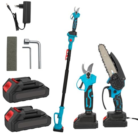 Mini Tronçonneuse Télescopique et Sécateur Électrique Sans Fil, 2 Batteries, Angle de la Perche Réglable à 180°, Longueur Réglable 126-260 cm, Lame en Acier SK5 3‑en‑1 Outil de Jardinage