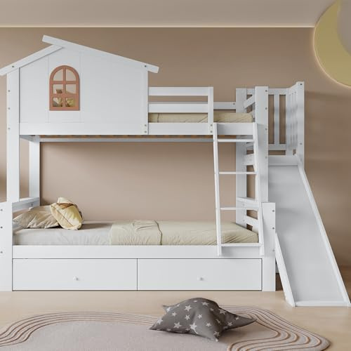LZPUOUI Litera 90x200 y 120x200 Blanca con Tobogan Ventanas Escalera de 4 Peldanos y 2 Cajones para Dormitorio Juvenil y Habitacion Compartida Estructura de Cama de Madera de Pino Somier