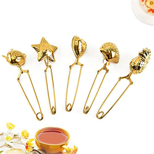 Lot de 5 filtres à thé en forme de coquillages, cœur, étoile, ananas, en acier inoxydable, avec longue poignée (doré)
