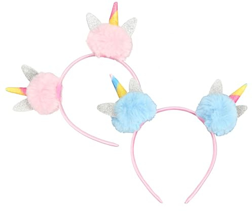 EKKONG Einhorn Haarschmuck, Haarreif Party, Pompom Ball Einhorn Stirnbänder, Haarreif Mädchen, 2 Stück, 2 Farben, Perfekt für Kindergeburtstag, Halloween, Cosplay Kostüme