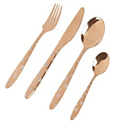 Sabichi Glamour 16 Piece Cutlery Set - Copper Finish Stainless Steel Flatware with Star Design, Elegant Tableware for 4 People, Includes Knives, Forks, Spoons, and Teaspoons, Mirror Polished