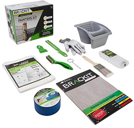 brackit Painter’s Kit - 15 Piece - for Cleaning, Painting for Gates, Benches, Stairs and More - Paint Stirrer, Tin Opener, Paint Kettle, Masking Tape, Gloves, Sandpaper Sheets, Drop Sheet