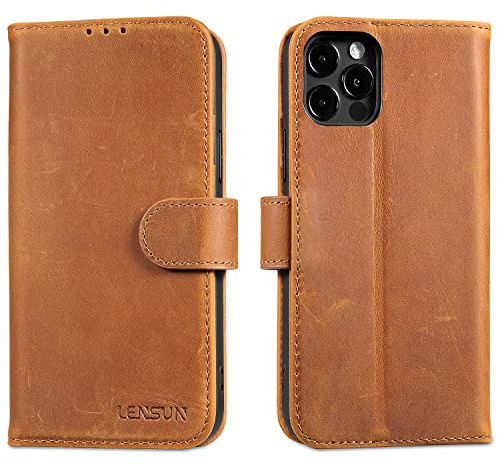 LENSUN Echtleder Hülle für iPhone 12, iPhone 12 Pro 5G Handyhülle [Echtes Leder][Magnetverschluss][RFID Schutz] Handytasche Lederhülle Klappbar (6,1 Zoll)- Vintage Braun