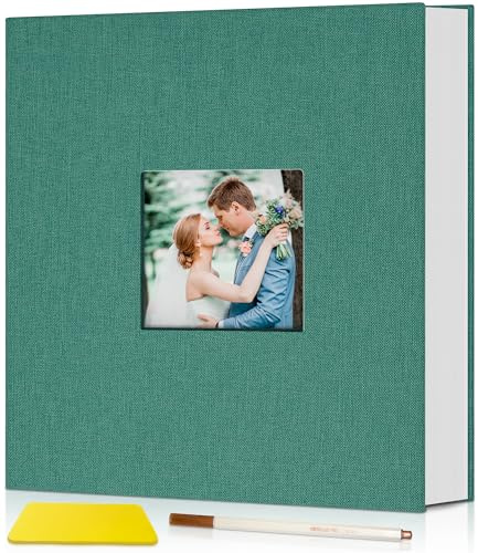 Popotop Fotoalbum selbstklebend mit Bildanzeigefenster, 40 Seiten DIY Scrapbook Album für 10x15 Bilder, Leineneinband Erinnerungsbuch für Baby Hochzeit, mit Scraper und Metallic Stift