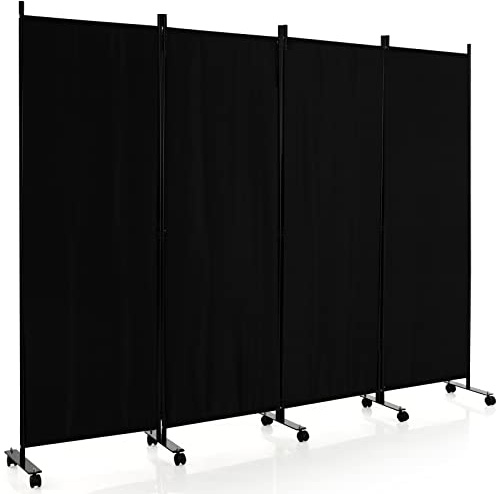 COSTWAY 3/4-Panel Folding Room Divider, Rolling Wall Privacy Screen Protector with Wheels, Freestanding Paravent Partition Separator for Bedroom, Living Room and Office (Black, 4 Panel-224x172cm)