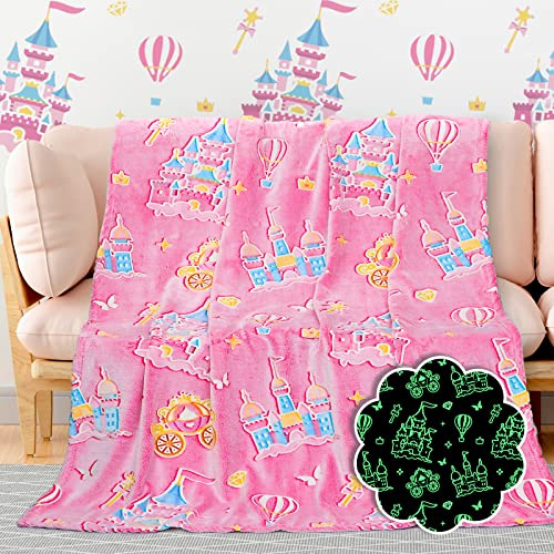 BORORO Glow in the Dark Princess Blanket for Girls Graduation, Princess Castle Gifts Toys for Girls, Pink Throw Blanket for Couch Bed Room Decor, Soft Fleece Plush Bedding for Kids Toddlers 50 x60“