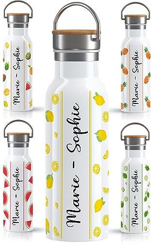OWLBOOK® Edelstahl Trinkflasche personalisiert| Wasserflasche 600 ml | Thermos Flasche Sportflasche | Auslaufsicher Spülmaschinenfest | Yoga Sport Arbeit | Geschenke für Frauen | Zitrone