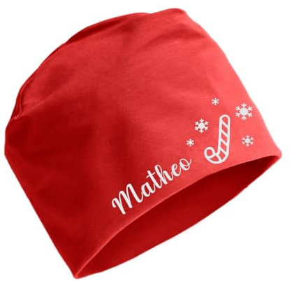 AngelicArt personalisierte Weihnachtsmütze, Beanie für Kinder mit Wunschnamen, für Jungs, Mädchen, Unisex aus Baumwolle/Jersey (Baumwolle, Zuckerstange Rot)