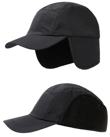 Asudaro Winter Visor Baseball Cap, Wasserdicht Herren Wintermütze Baseballmütze Mit Ohrenklappen Verstellbar Cap Baseball Kappe Schirmmütze für Männer Damen Outdoor-Bergsteigen Reisen Schwarz